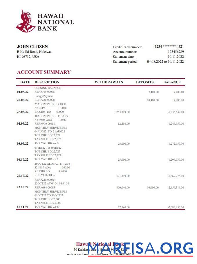 Blank Hawaii Hawaii National bank statement excel download for verification